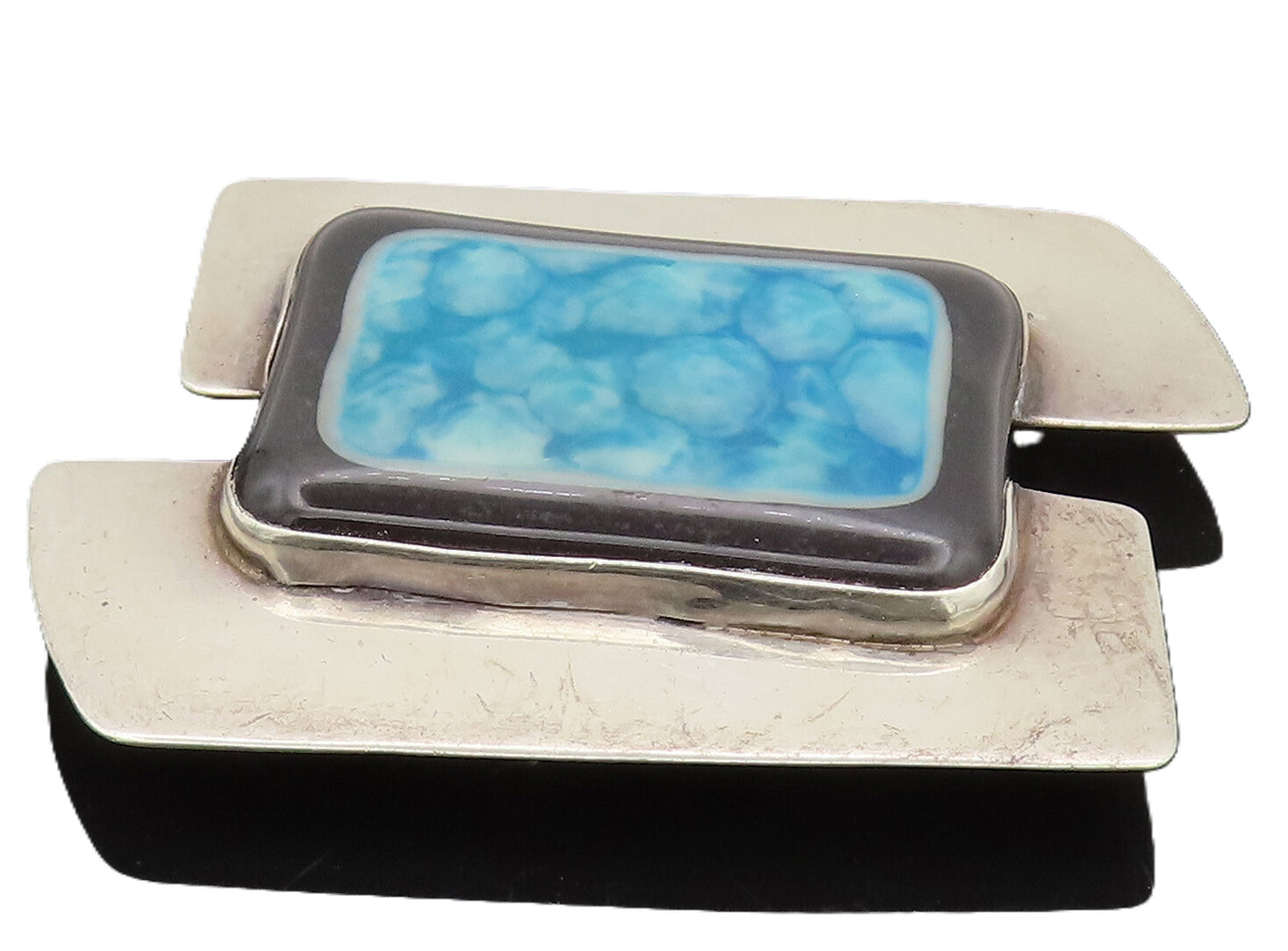 925 Silver  Vintage Modernist Large Black Blue Moss Agate Brooch Pin  BP10345