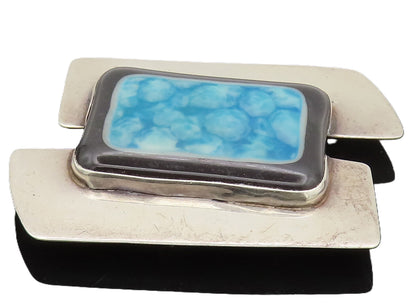 925 Silver  Vintage Modernist Large Black Blue Moss Agate Brooch Pin  BP10345