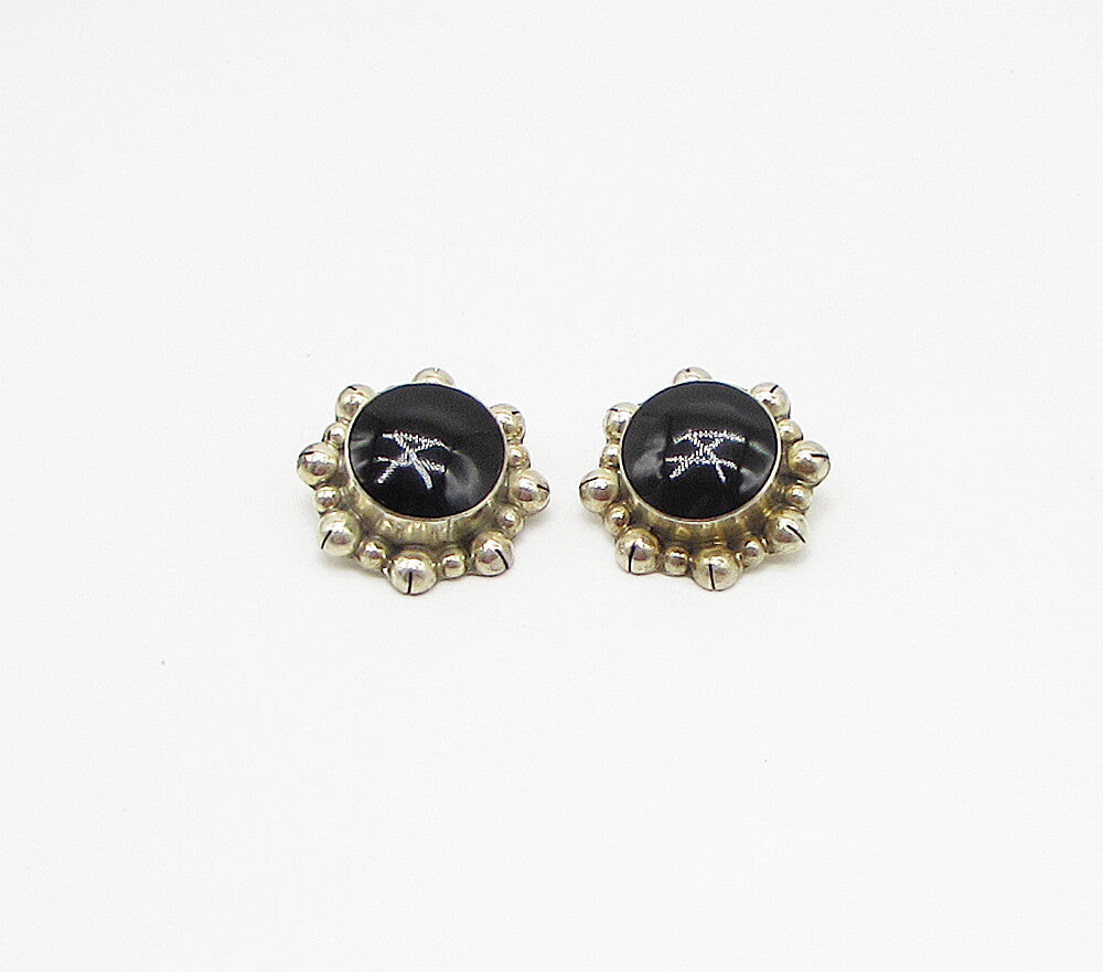 MEXICO 925 Sterling Silver  Vintage Black Onyx Clip On Earrings  EG1950