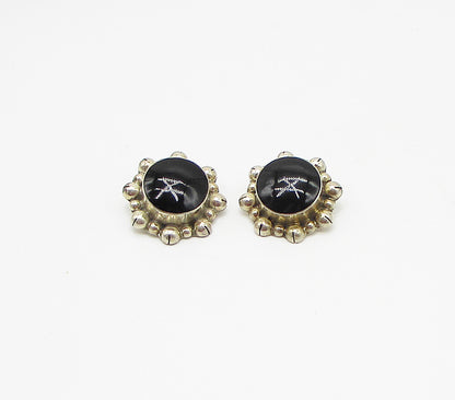 MEXICO 925 Sterling Silver  Vintage Black Onyx Clip On Earrings  EG1950