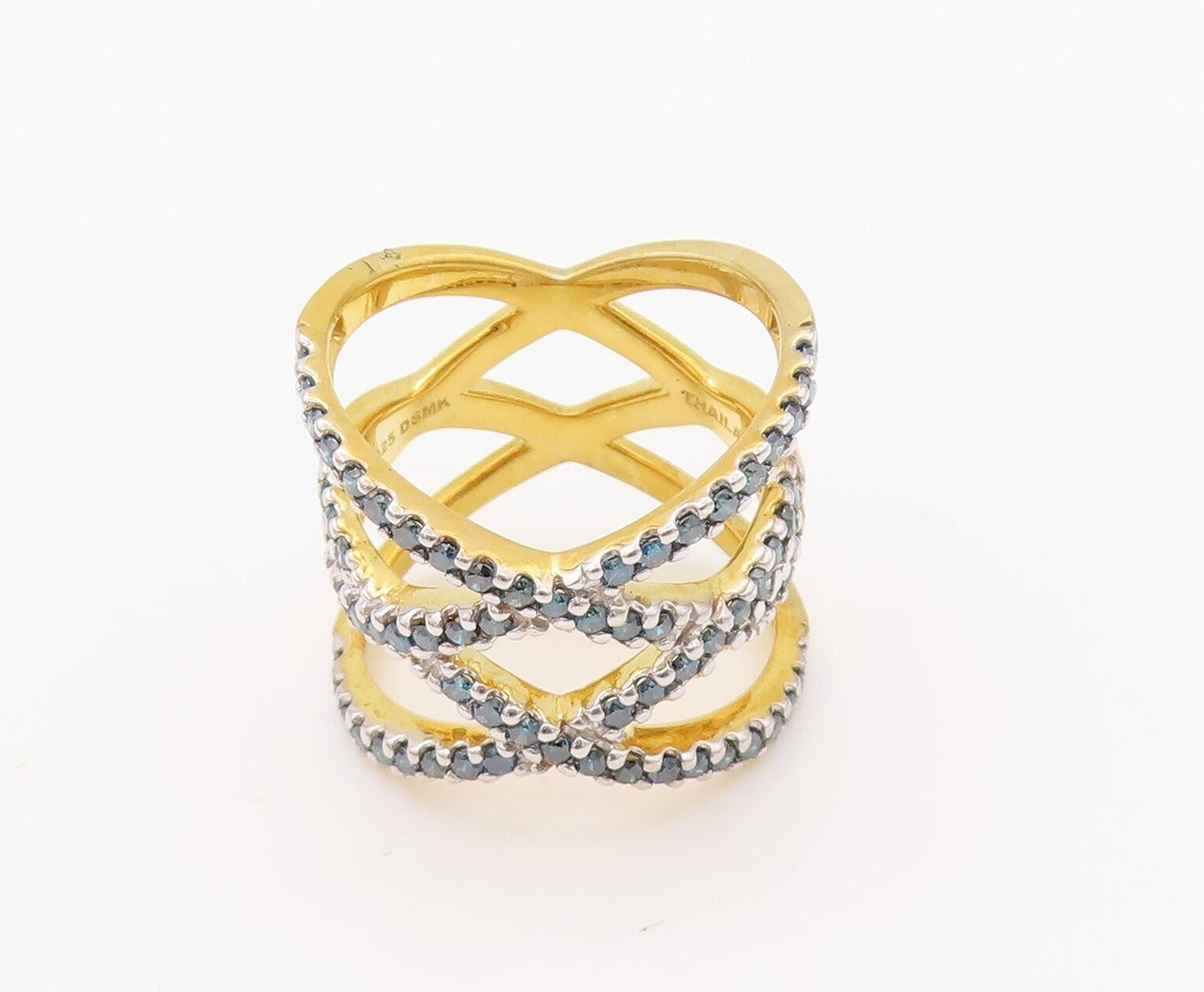 925 Sterling Silver Vintage Ring Gold Plated Cutout Blue Diamonds Sz 7.5 RG30583