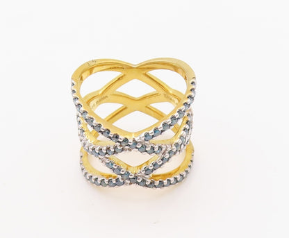 925 Sterling Silver Vintage Ring Gold Plated Cutout Blue Diamonds Sz 7.5 RG30583