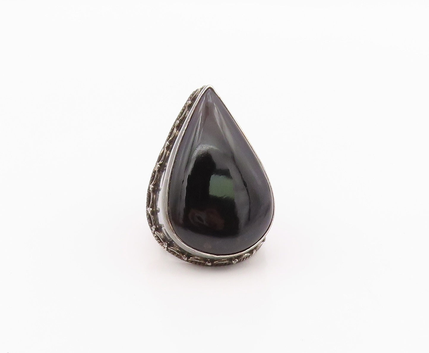 925 Sterling Silver Vintage Ring Large Pear Cut Onyx Solid Band  Sz 9  RG36362