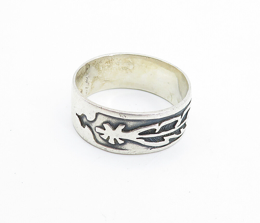 925 Silver Vintage Oxidized Feather Band Ring Sz 13.5 RG7414