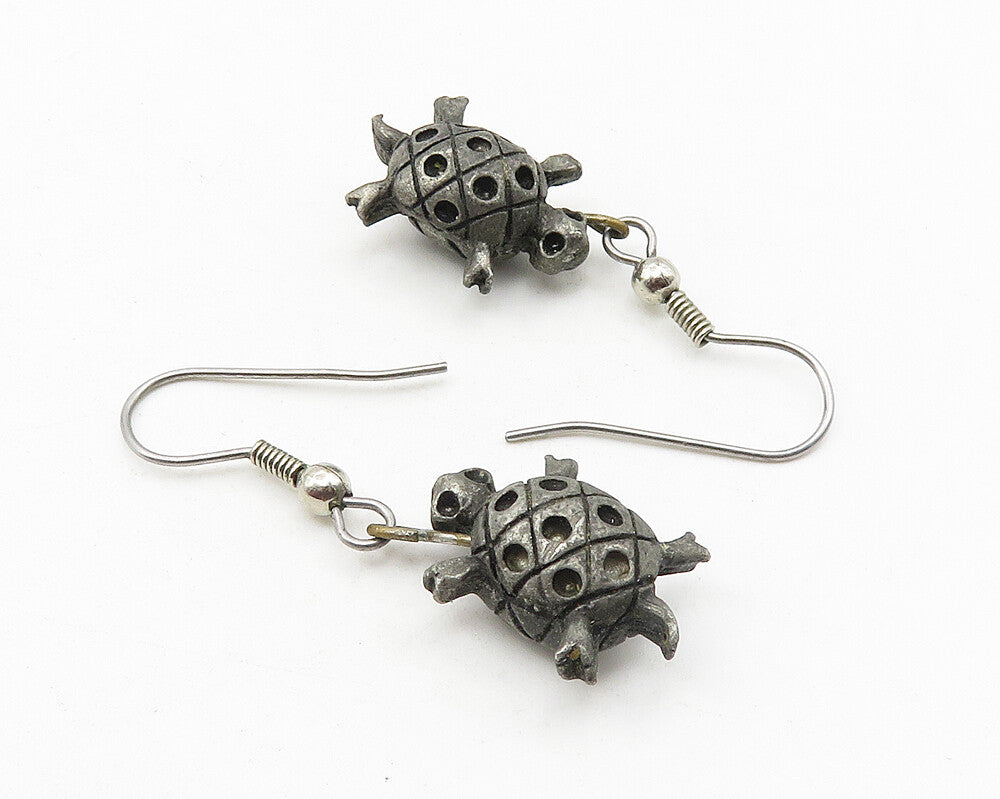 925 Sterling Silver  Vintage Oxidized Sea Turtle Motif Dangle Earrings  EG5783