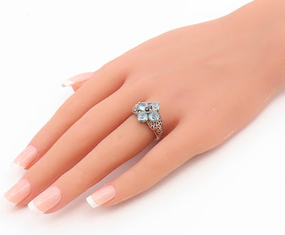 925 Sterling Silver Vintage Ring Sapphire & Aquamarine Floral Band Sz 7 RG36789