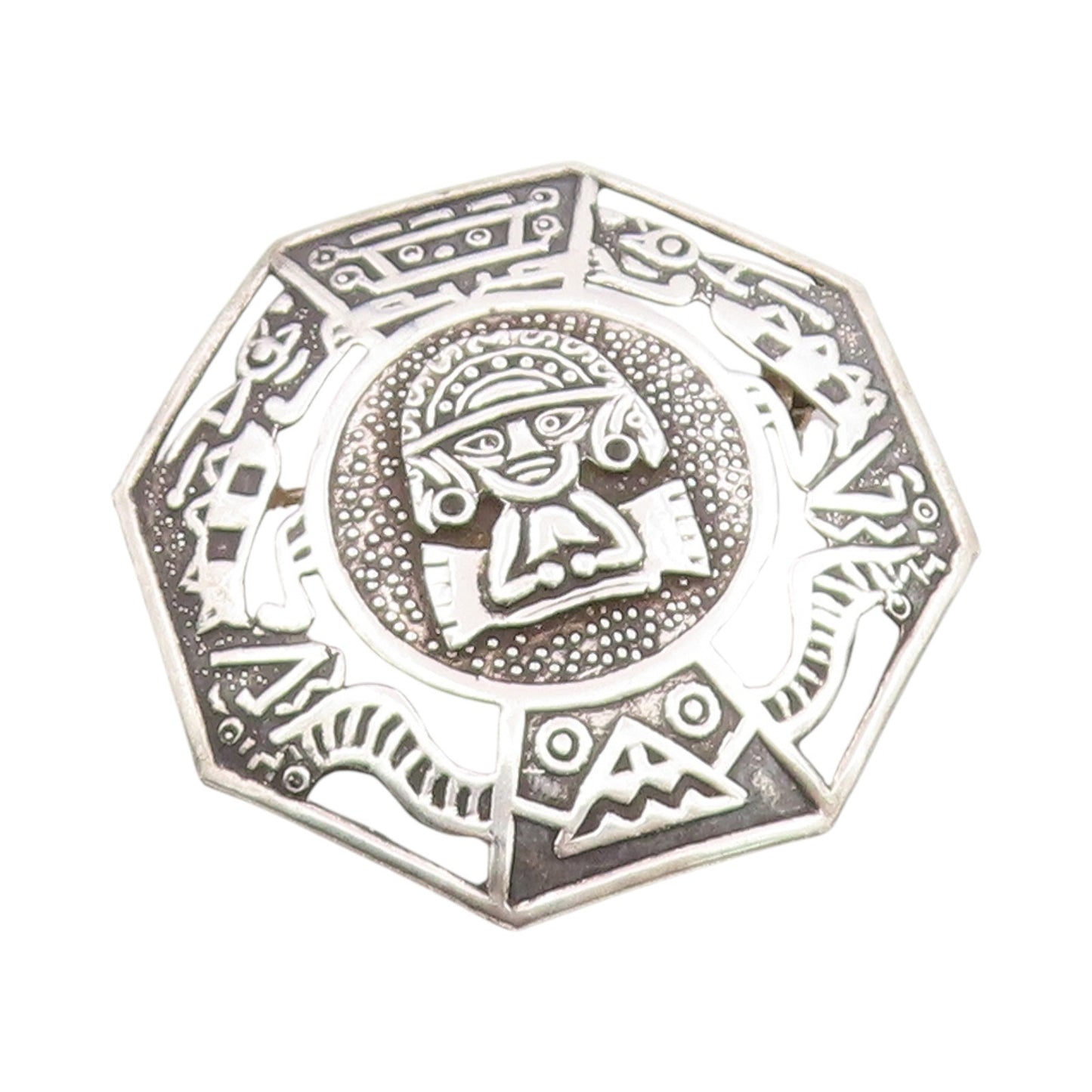 925 Sterling Silver Vintage Brooch PERU Aztec Andean Deity Octagonal Pin BP12010
