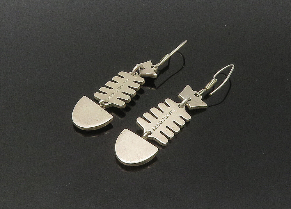 MEXICO 925 Sterling Silver  Vintage Fish Bones Motif Dangle Earrings  EG11006