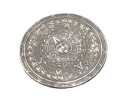 MEXICO 925 Silver  Vintage Shiny Mayan Aztec Sun Calendar Brooch Pin  BP7752