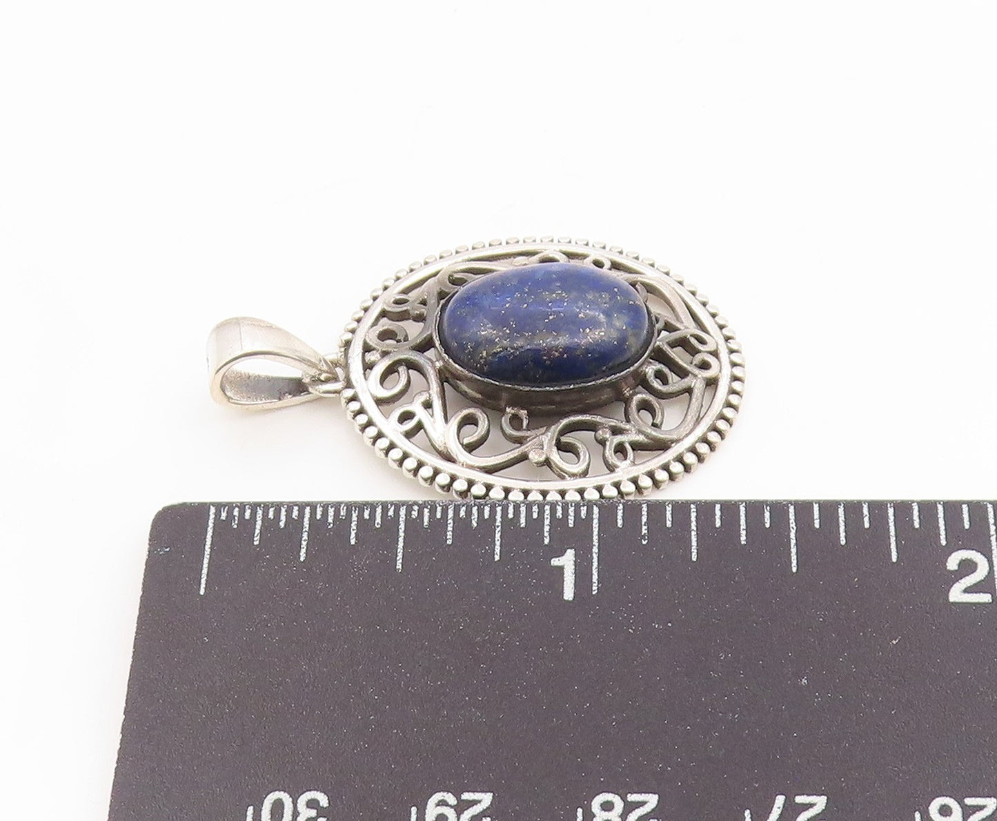 925 Sterling Silver Vintage Pendant Cabochon Lapis Lazuli Openwork Charm PT26239