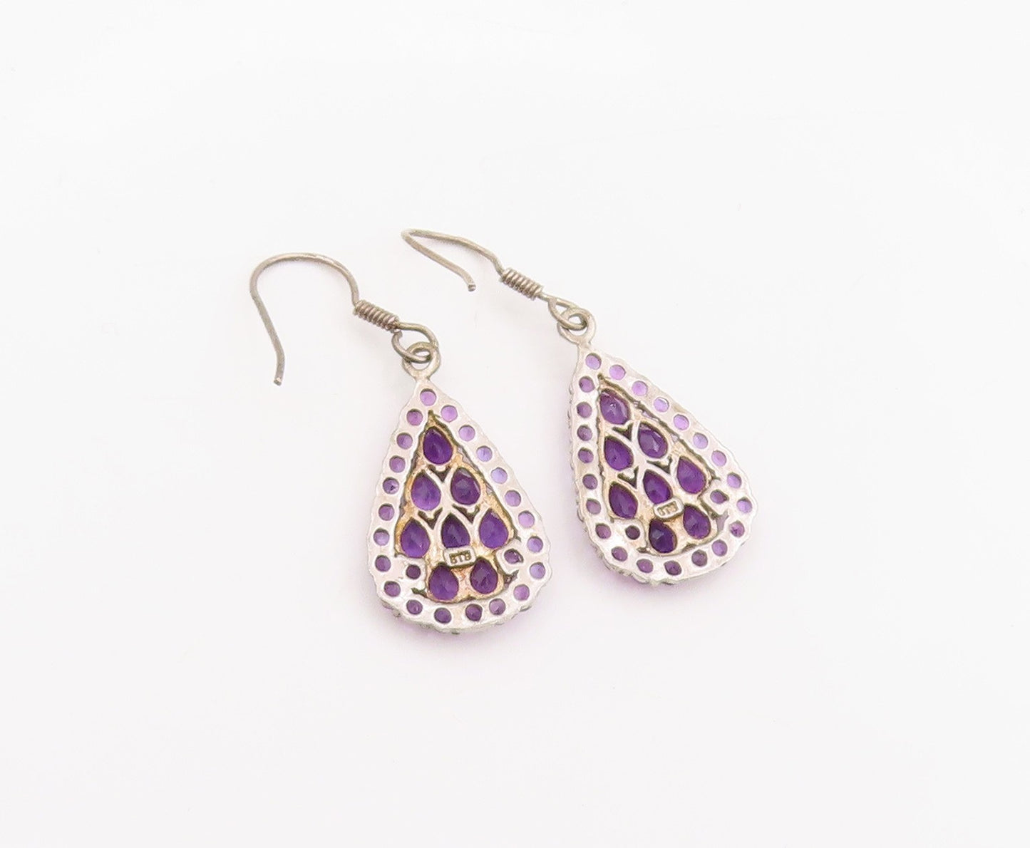 925 Sterling Silver Vintage Earrings Clustered Amethyst Teardrop Dangle  EG13834