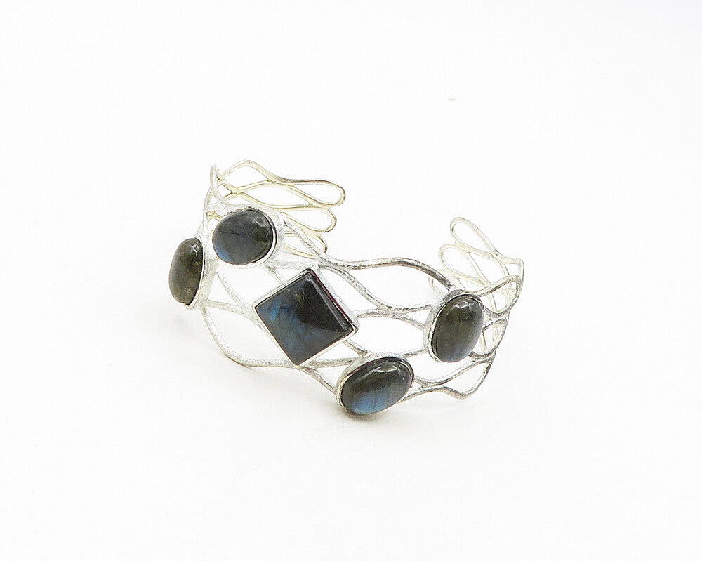 925 Sterling Silver  Vintage Cabochon Labradorite Wavy Cuff Bracelet  BT7579
