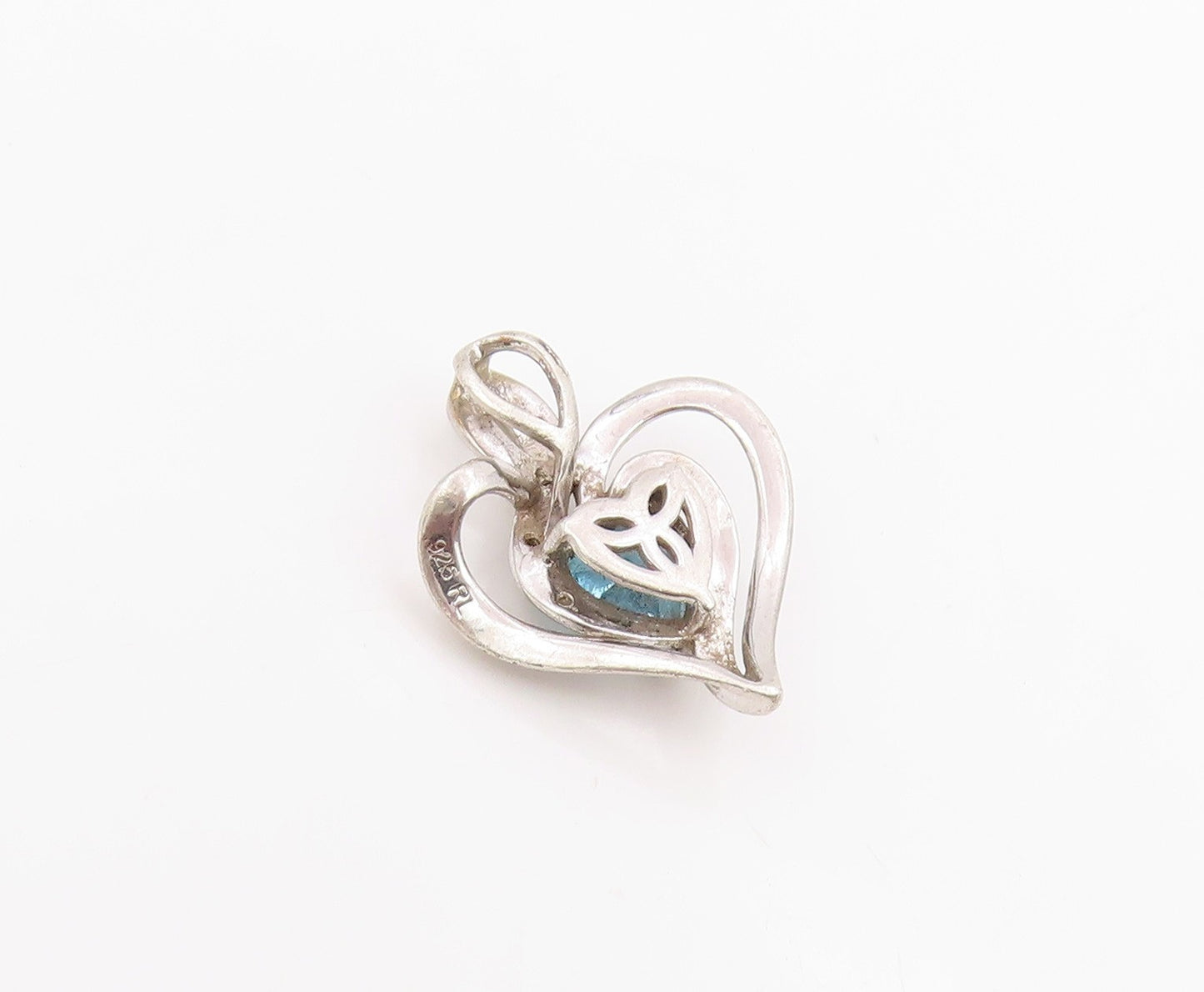 925 Sterling Silver Vintage Pendant Real Diamonds & Topaz Love Heart  PT25976
