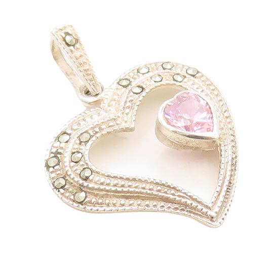 925 Sterling Silver Vintage Pendant Designer CZ & Marcasite Cutout Heart PT23799