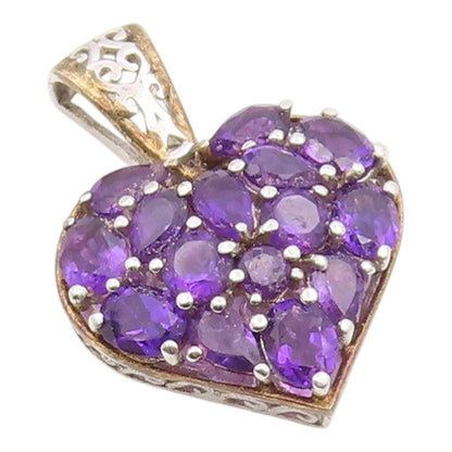 925 Sterling Silver Vintage Pendant Amethyst Elegant Love Heart Cluster  PT26101
