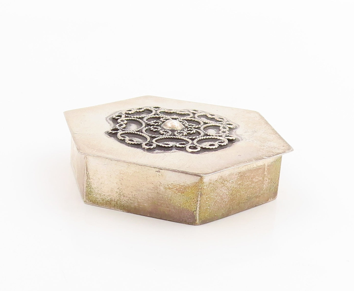 925 Sterling Silver Vintage Pill Box ISRAEL Floral Hexagon Trinket OPENS  TR4057