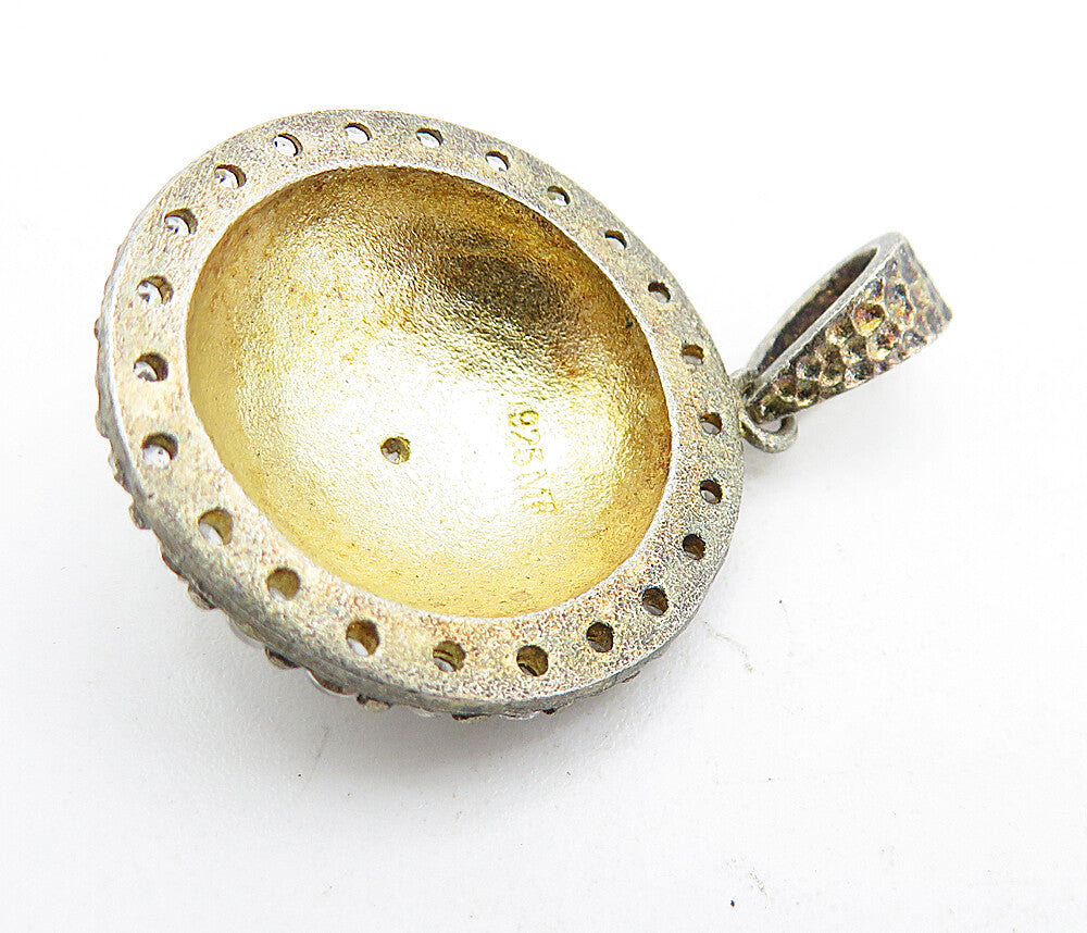 925 Sterling Silver  Vintage Cubic Zirconia Hammered Dome Drop Pendant  PT3556