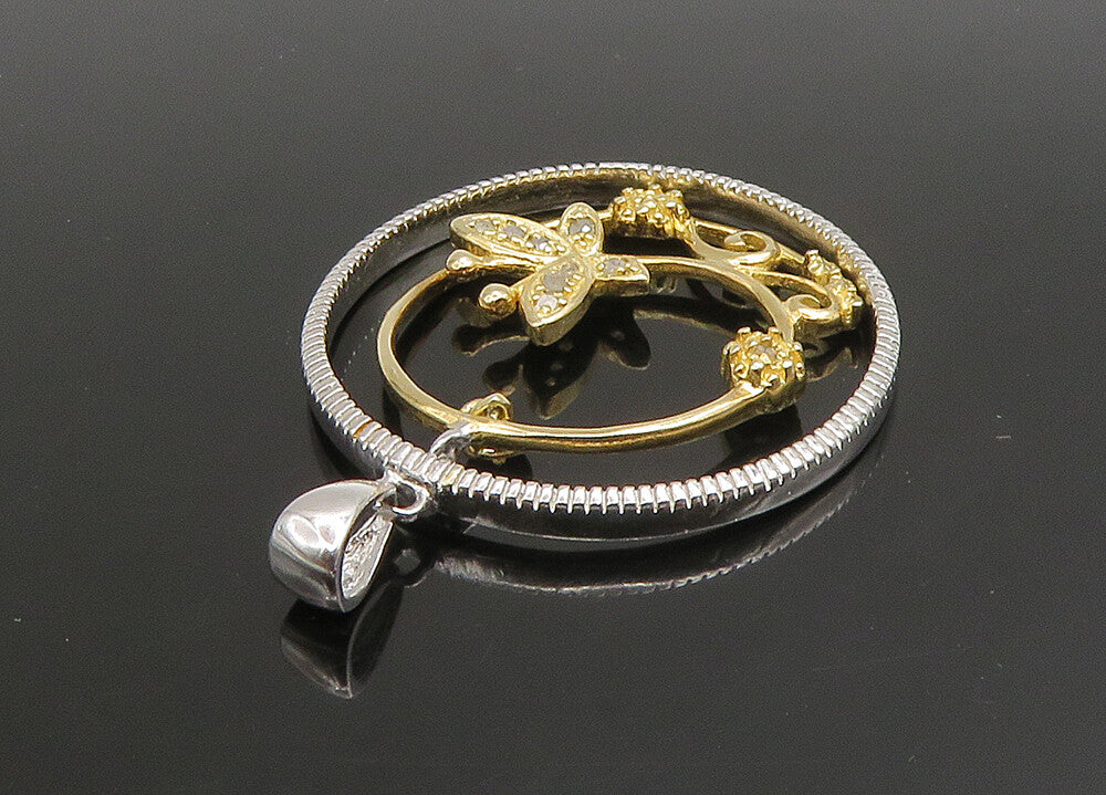 925 Sterling Silver  Vintage Genuine Diamonds 2 Tone Butterfly Pendant PT19122