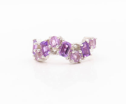 925 Sterling Silver Vintage Ring Brutalist Cut Multi Shade Amethyst Sz 7 RG31775