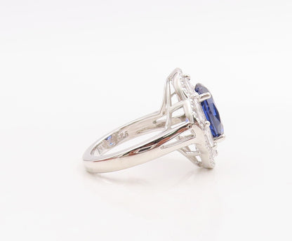 925 Sterling Silver Vintage Ring Oval Sapphire & CZ Floral Inlay Sz 7.5  RG30704