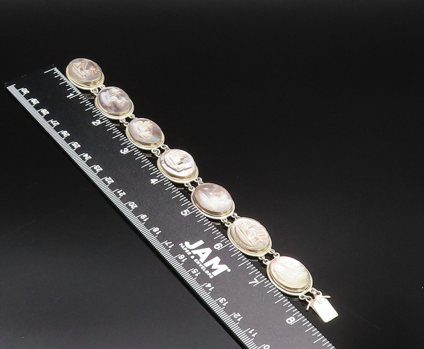 925 Silver  Vintage Carved Mother Of Pearl Sailboat Scenery Bracelet  BT9676