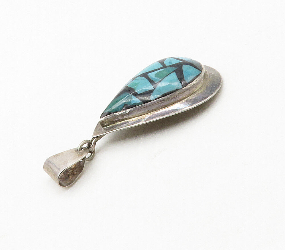 ISRAEL 925 Sterling Silver  Vintage Turquoise & Black Onyx Pendant PT13179
