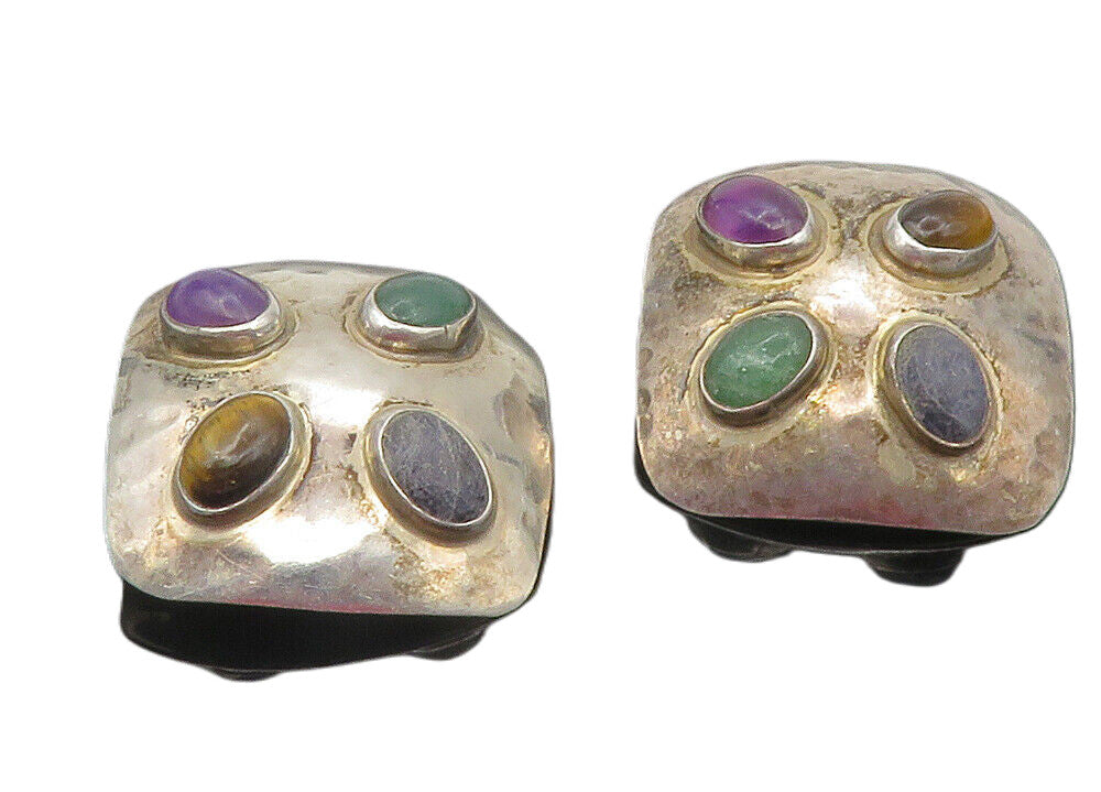 MEXICO 925 Silver  Vintage Tiger's Eye & Amethyst Non Pierce Earrings  EG6259