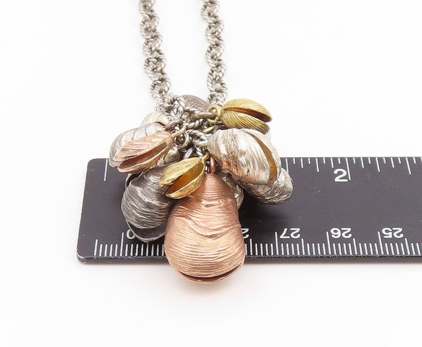 925 Sterling Silver Vintage Necklace Multi Tone Sea Shell Cluster Chain  NE4818