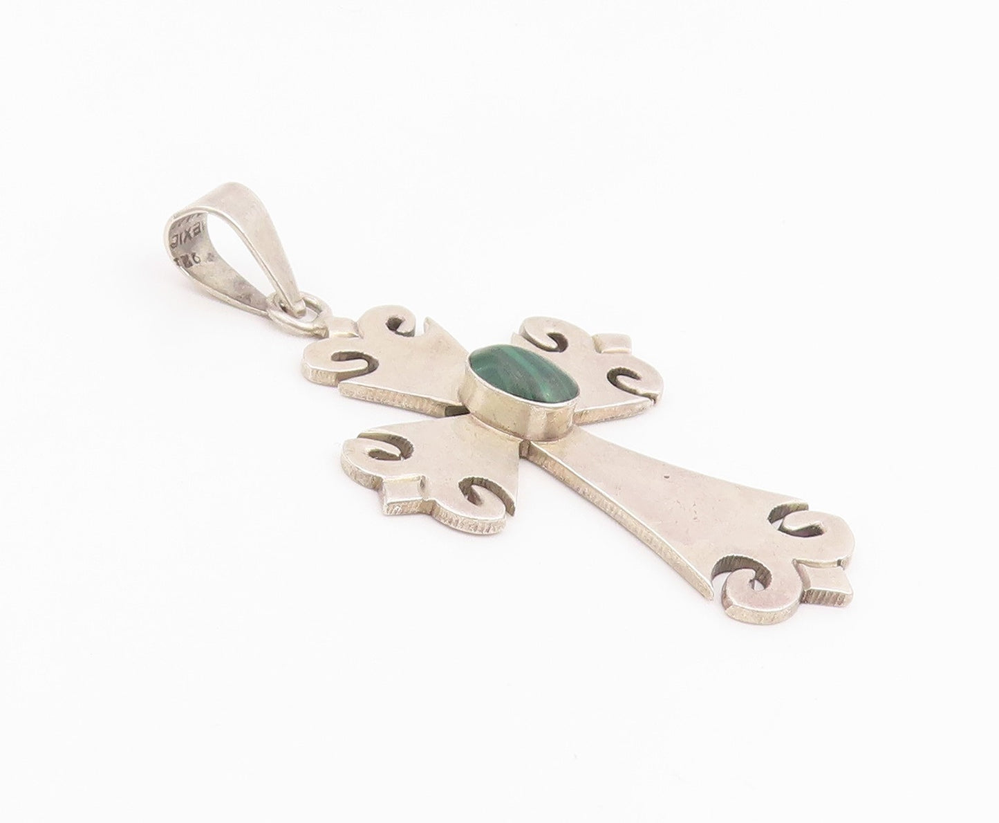 925 Sterling Silver Vintage Pendant MEXICO Malachite Religious Cross  PT26041