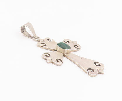 925 Sterling Silver Vintage Pendant MEXICO Malachite Religious Cross  PT26041