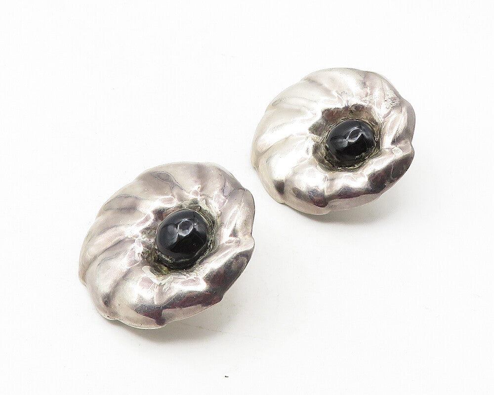 MEXICO 925 Sterling Silver  Vintage Cabochon Black Onyx Drop Earrings  EG6313