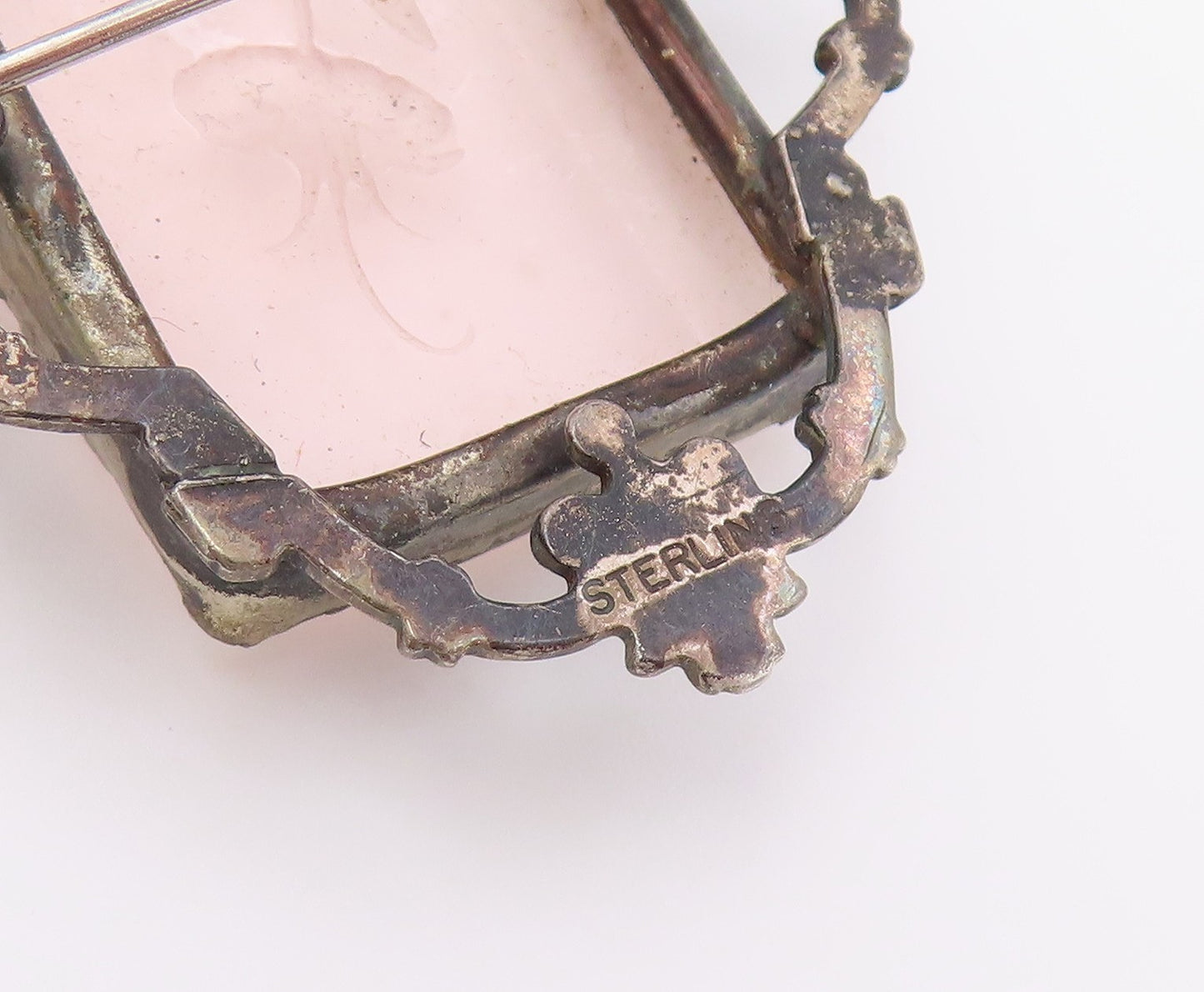 925 Sterling Silver Vintage Brooch Pin Rose Quartz Carved Floral Frame  BP12632