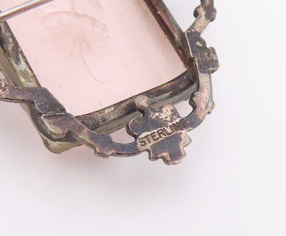 925 Sterling Silver Vintage Brooch Pin Rose Quartz Carved Floral Frame  BP12632