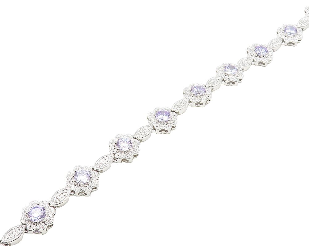 925 Sterling Silver  Shiny Purple Cubic Zirconia Floral Chain Bracelet  BT7365