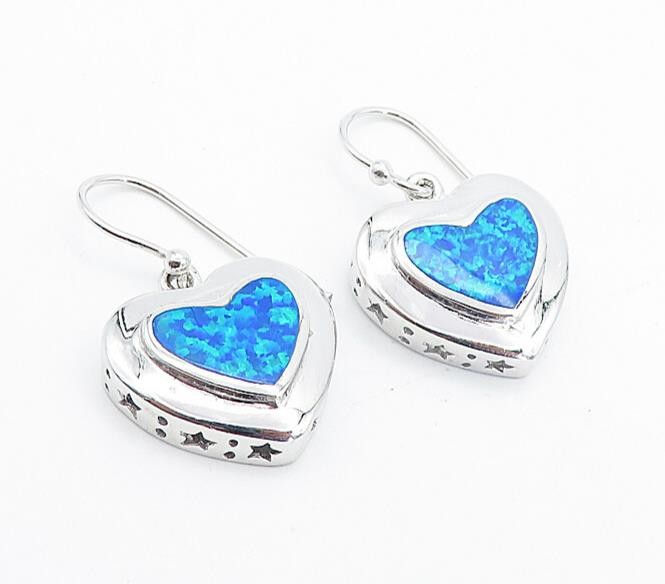 925 Sterling Silver  Inlaid Blue Fire Opal Love Heart Dangle Earrings  EG3314