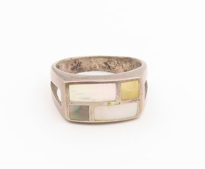 925 Sterling Silver Vintage Ring Mother Of Pearl Geometric Inlay  Sz 9  RG36926