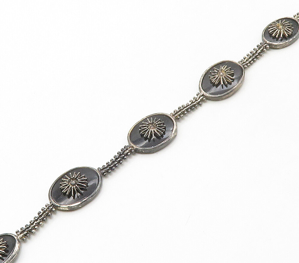 925 Sterling Silver  Vintage Black Onyx Floral Chevron Chain Necklace  NE2664