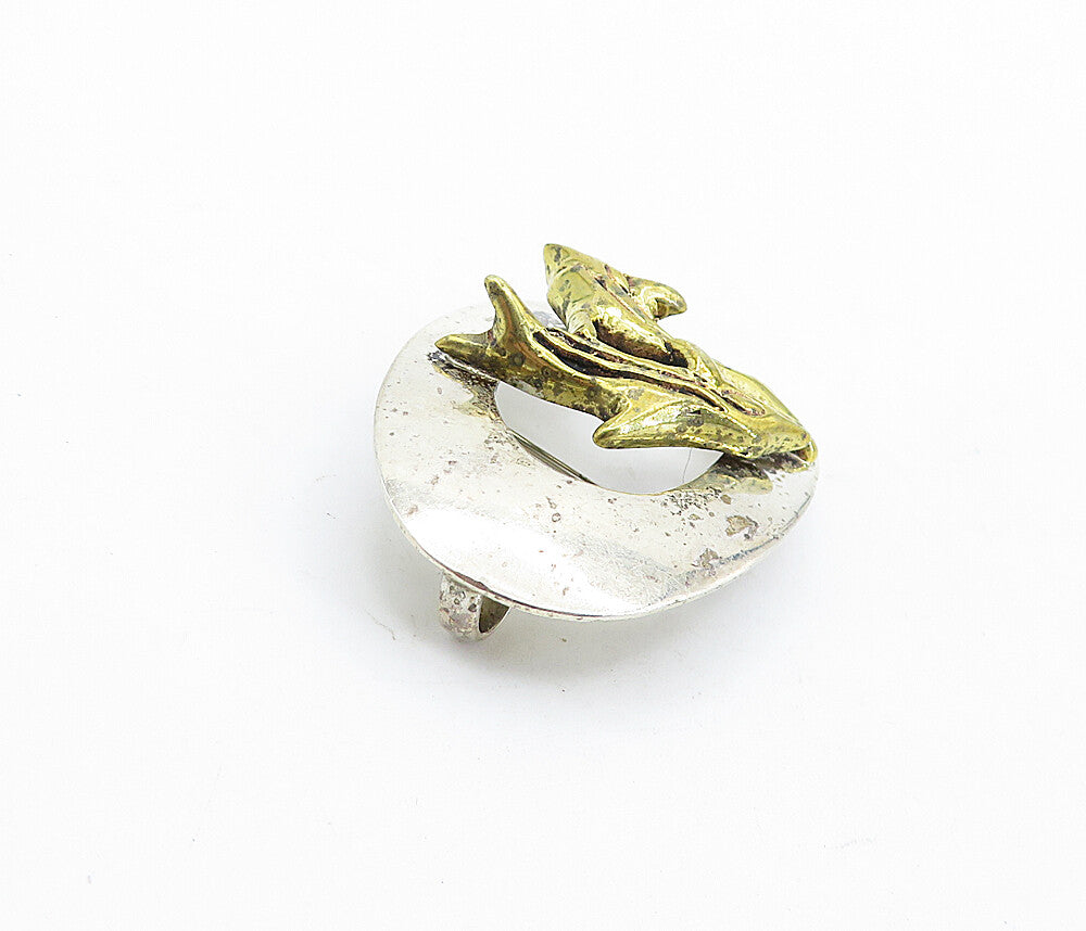 925 Sterling Silver  Vintage Shiny 2 Tone Leaping Dolphins Brooch Pin  BP1724