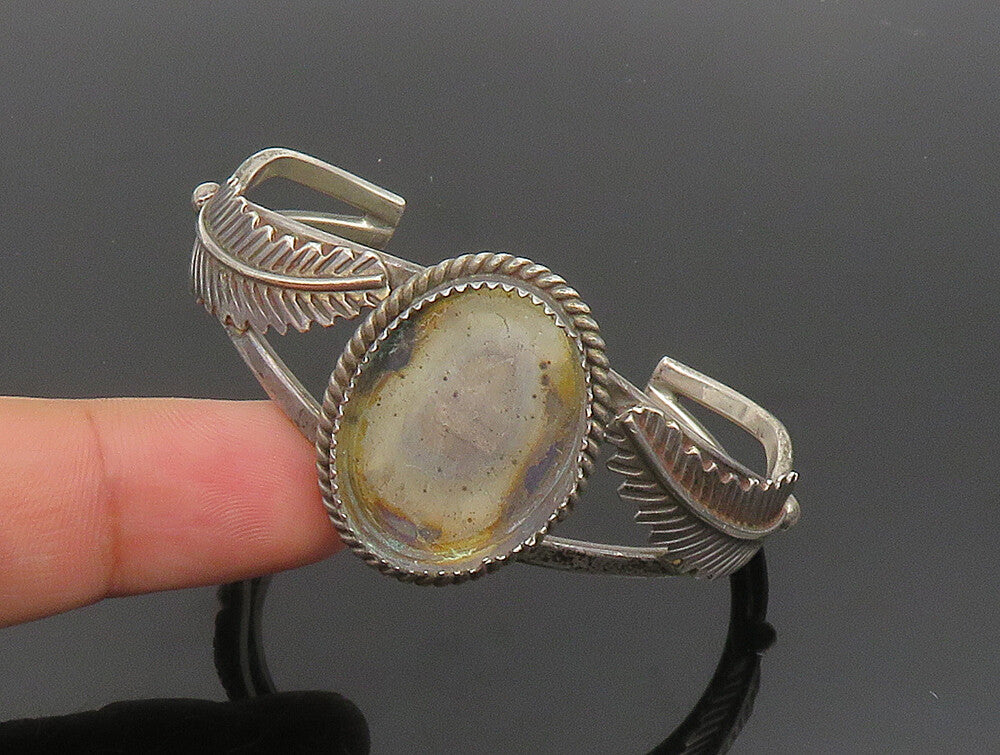 NAVAJO 925 Silver  Vintage Twisted Rope Split Shank Leaf Cuff Bracelet  BT9374