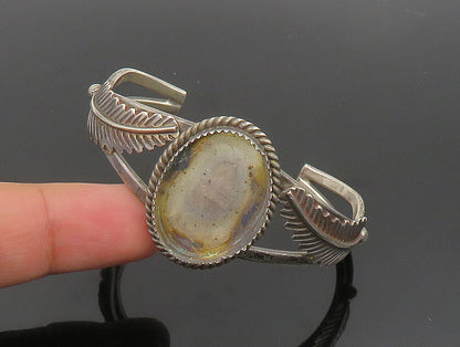 NAVAJO 925 Silver  Vintage Twisted Rope Split Shank Leaf Cuff Bracelet  BT9374