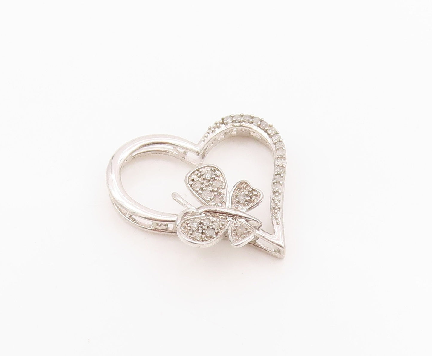 925 Sterling Silver Vintage Pendant Diamonds Butterfly On Cutout Heart  PT24264