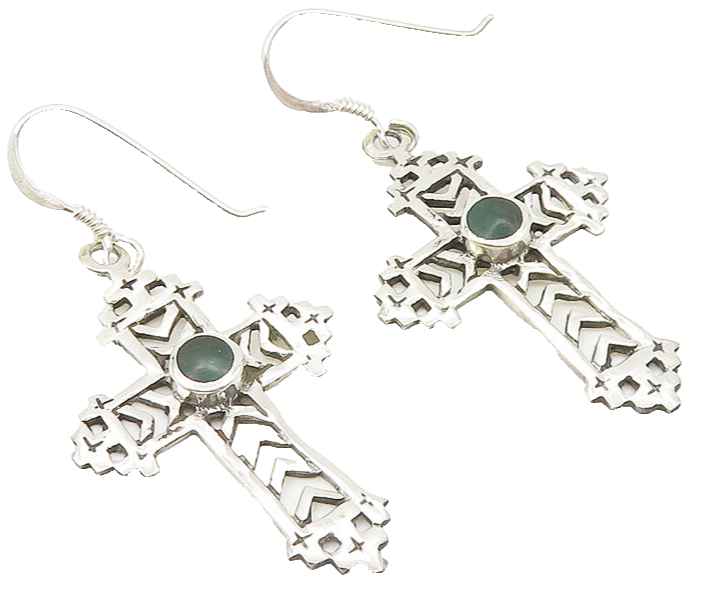 925 Sterling Silver  Shiny Inlaid Jasper Religious Cross Drop Earrings  EG5725