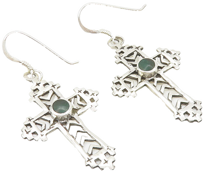 925 Sterling Silver  Shiny Inlaid Jasper Religious Cross Drop Earrings  EG5725