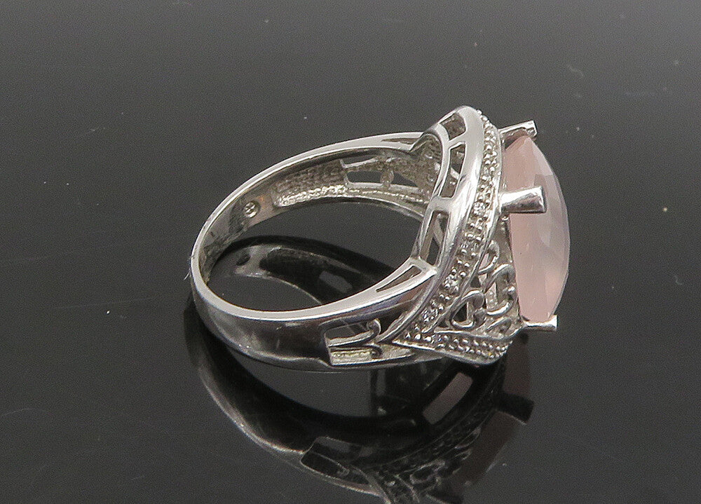 925 Silver  Vintage Rose Quartz & Diamonds Cocktail Ring Sz 7.5  RG23091