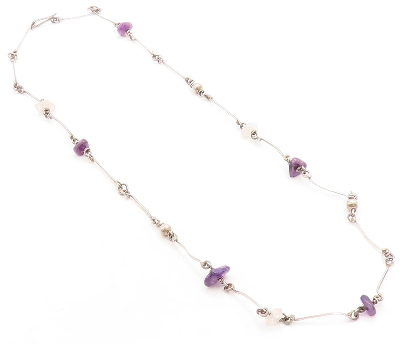 925 Sterling Silver Vintage Amethyst & Quartz Bar Link Chain Necklace NE2126