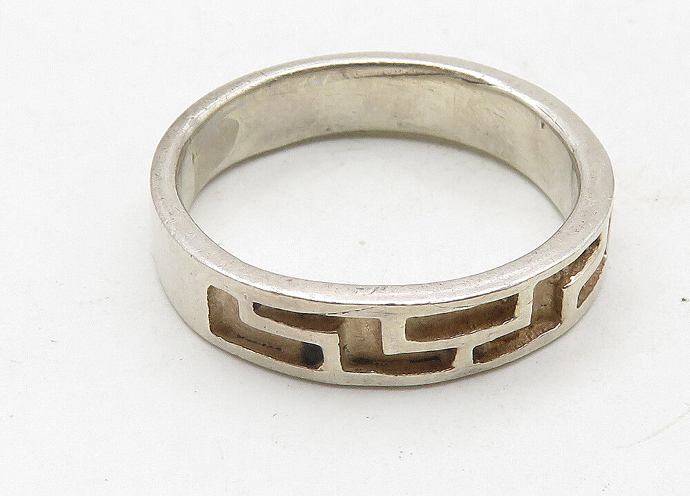 925 Sterling Silver  Vintage Shiny Greek Key Pattern Band Ring Sz 7.5  RG10505