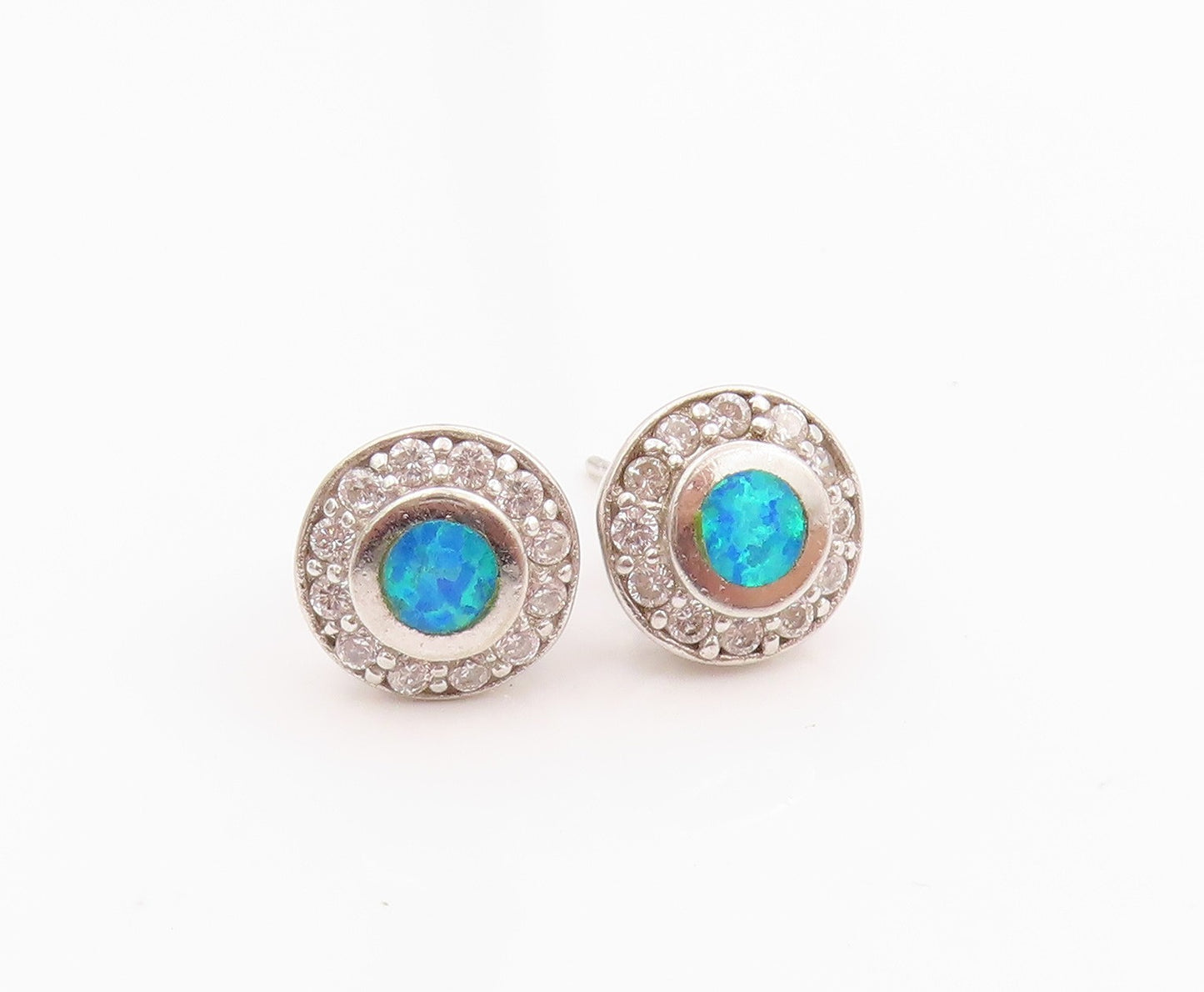 925 Sterling Silver Vintage Earrings Round Fire Opal & Halo CZ Studs  EG13702