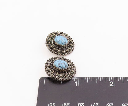 925 Sterling Silver Vintage Earrings Oval Turquoise Intricate Rope Edge  EG13994