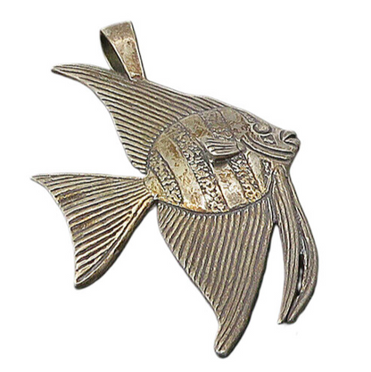 925 Sterling Silver  Vintage Dark Tone Etched Detail Fish Pendant  PT19523