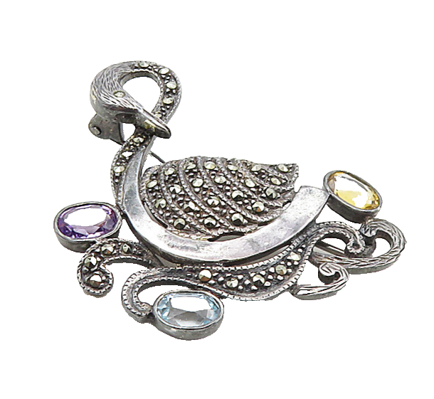925 Sterling Silver  Vintage Amethyst Topaz & Citrine Swan Brooch Pin  BP3439